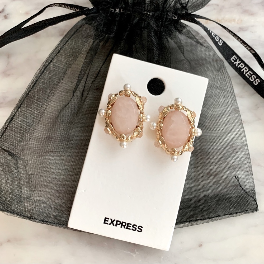 💗 EXPRESS Pink Stone Pearl Embellished Baroque Style Statement Earrings